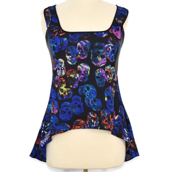 Spoon Jeans Sugar Skull High Low Peplum Tank Top Blouse Neon Colors Blue Black M - Picture 1 of 14